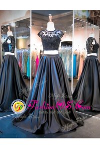 Shining Black Homecoming Dress Prom and Party and For with Lace and Ruching Scoop Sleeveless Brush Train Clasp Handle