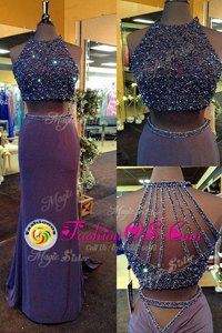 Scoop Purple Two Pieces Beading Prom Dress Zipper Elastic Woven Satin Sleeveless Floor Length