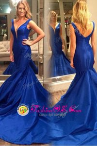 Mermaid Royal Blue V-neck Zipper Pleated Homecoming Dress Court Train Sleeveless