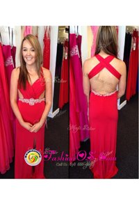 Attractive Floor Length Criss Cross Prom Dresses Red and In for Prom with Beading
