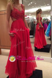 Wonderful Red Sleeveless Floor Length Beading Backless Homecoming Dress