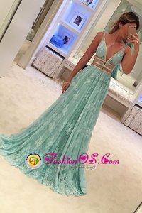 Decent Apple Green Zipper V-neck Beading Prom Dresses Lace Sleeveless Sweep Train