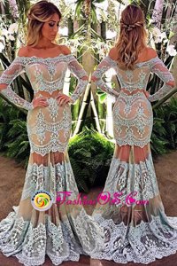 Mermaid Off the Shoulder White Long Sleeves Lace Floor Length Celebrity Dresses