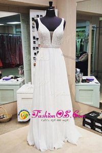 White Chiffon Zipper Homecoming Dresses Sleeveless Floor Length Beading