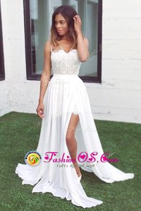 V-neck Sleeveless Sweep Train Zipper Formal Dresses White Chiffon