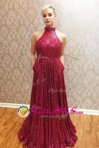 Halter Top Floor Length Zipper Prom Dress Wine Red and In for Prom with Sequins
