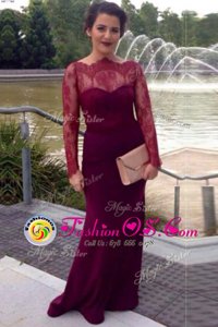 Clearance Scalloped Fuchsia Column/Sheath Lace Prom Gown Clasp Handle Elastic Woven Satin Long Sleeves With Train