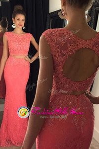 Best Mermaid Lace Sleeveless With Train Beading and Appliques Backless Dress for Prom with Watermelon Red Sweep Train