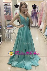 Inexpensive Green Evening Dress Prom and For with Beading V-neck Sleeveless Sweep Train Zipper