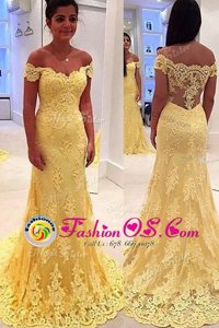 Off the Shoulder Yellow Sleeveless Brush Train Lace With Train Prom Dress