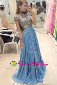 Scoop Blue Cap Sleeves With Train Beading Zipper Prom Dresses