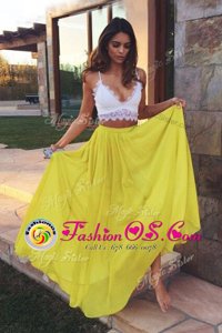Shining Yellow Chiffon Zipper Spaghetti Straps Sleeveless Floor Length Homecoming Gowns Ruching
