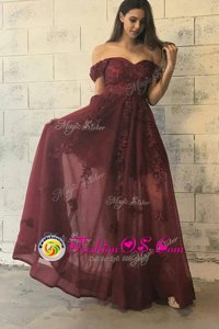 Superior A-line Homecoming Party Dress Burgundy Off The Shoulder Tulle Short Sleeves Floor Length Zipper