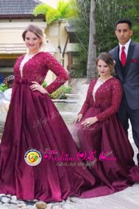 Scoop Burgundy Long Sleeves Sweep Train Beading With Train Mother Of The Bride Dress