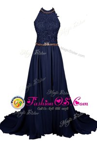 Halter Top Chiffon and Lace Sleeveless Floor Length Prom Evening Gown and Beading