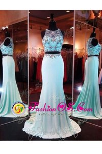 Customized Scoop Baby Blue Two Pieces Beading and Appliques Prom Party Dress Zipper Elastic Woven Satin Sleeveless With Train