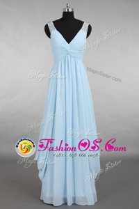 Light Blue Chiffon Zipper V-neck Sleeveless Floor Length Beading