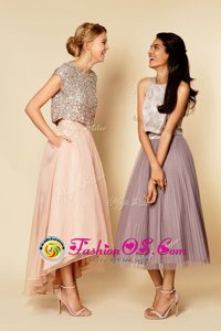 Designer Sequins A-line Prom Dresses Pink Scoop Organza Sleeveless Ankle Length Zipper