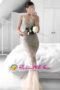 Most Popular Mermaid Champagne Prom and For with Beading and Lace V-neck Sleeveless Sweep Train Zipper