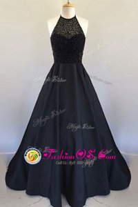 Halter Top Sleeveless Prom Evening Gown Floor Length Beading and Pleated Black Satin