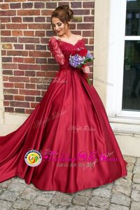 Chic Off the Shoulder Burgundy Zipper Mother Of The Bride Dress Appliques Long Sleeves With Train Sweep Train