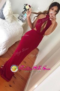 Wine Red Mermaid Ruching Prom Gown Zipper Elastic Woven Satin Sleeveless Floor Length