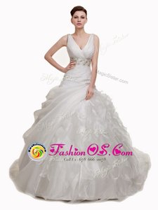 White Sleeveless With Train Beading and Appliques and Ruffles and Pick Ups Lace Up Wedding Gown