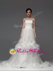 White A-line Strapless Sleeveless Tulle With Brush Train Lace Up Ruffled Layers and Ruching Wedding Dresses