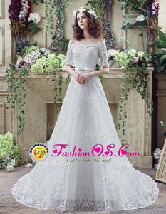 Free and Easy White Lace Lace Up Off The Shoulder Short Sleeves Wedding Dress Court Train Lace and Appliques and Bowknot