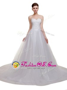 Designer Beading and Lace and Appliques Wedding Gowns White Lace Up Sleeveless With Train Court Train