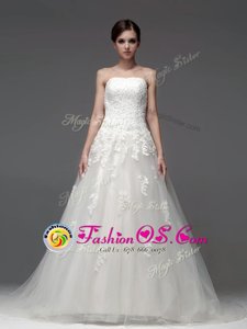 Lovely Lace Up Wedding Gowns White and In for Wedding Party with Appliques Brush Train