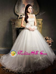 White Tulle Lace Up Wedding Dress Cap Sleeves With Brush Train Beading and Appliques