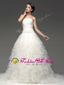 Tulle Sleeveless Wedding Dress Sweep Train and Beading and Ruffles
