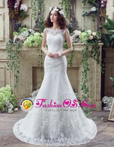 Free and Easy Mermaid See Through Scoop Sleeveless Lace Wedding Gowns Beading and Appliques Brush Train Backless