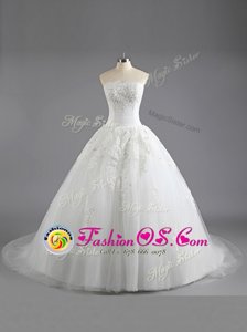 Exceptional Strapless Sleeveless Wedding Gown With Train Court Train Beading and Appliques White Tulle