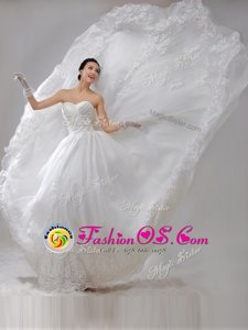 Organza Sweetheart Sleeveless Brush Train Lace Up Beading and Lace and Appliques and Ruching Wedding Dresses in White