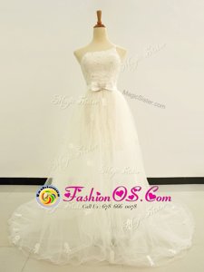 Glorious One Shoulder Sleeveless Wedding Dresses Brush Train Beading and Lace and Hand Made Flower White Tulle