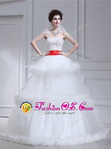 White Sleeveless With Train Beading and Ruffled Layers Lace Up Bridal Gown