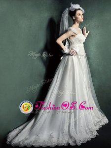 White Tulle Lace Up Wedding Gown Cap Sleeves Court Train Beading and Lace and Appliques