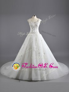 Super White Cap Sleeves Floor Length Lace and Appliques Lace Up Wedding Dresses