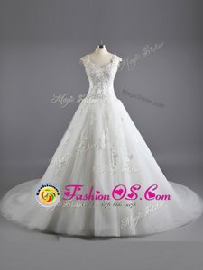 Super White Cap Sleeves Floor Length Lace and Appliques Lace Up Wedding Dresses