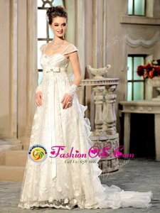 Trendy Organza Sweetheart Cap Sleeves Brush Train Lace Up Beading and Appliques and Ruffles Wedding Gowns in White