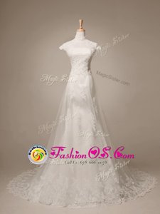 With Train A-line Cap Sleeves White Wedding Dresses Brush Train Clasp Handle