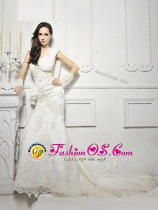 Lace and Appliques Wedding Gown White Zipper Cap Sleeves With Train Court Train