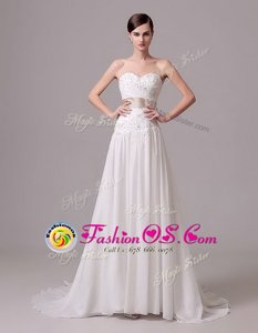 White Sweetheart Lace Up Beading and Belt Bridal Gown Brush Train Sleeveless