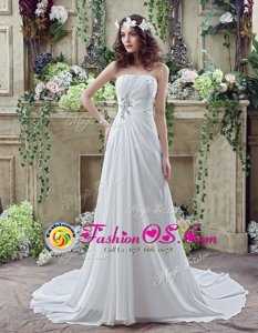 Decent Sleeveless Beading and Appliques and Ruching Lace Up Wedding Gown with White Brush Train