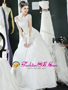 Off the Shoulder Floor Length Lace Up Wedding Gown White and In for Wedding Party with Beading and Lace and Appliques