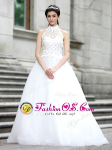 Custom Fit White Zipper High-neck Lace Bridal Gown Tulle Sleeveless