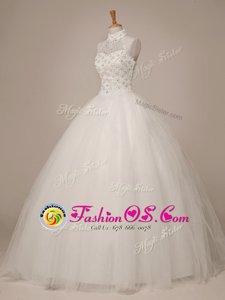 Artistic White Halter Top Lace Up Beading Bridal Gown Sleeveless