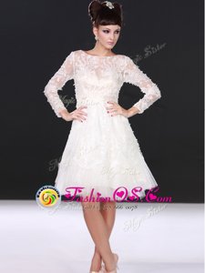 Best Bateau Long Sleeves Wedding Dress Knee Length Lace White Lace